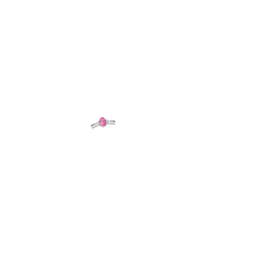 7x5mm AA Oval Pink Sapphire Split Shank Ring with Trio Diamonds in White Gold body-hand