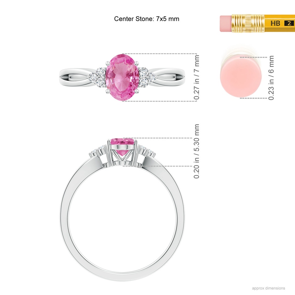 7x5mm AA Oval Pink Sapphire Split Shank Ring with Trio Diamonds in White Gold ruler