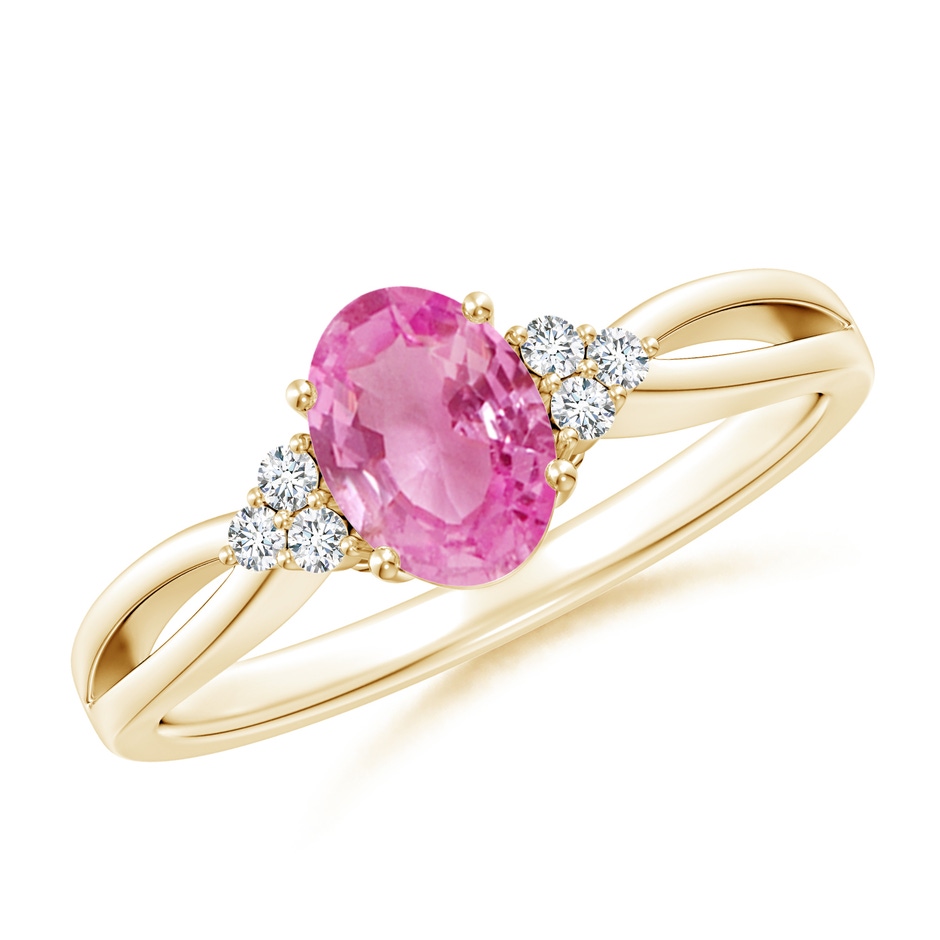 7x5mm AA Oval Pink Sapphire Split Shank Ring with Trio Diamonds in Yellow Gold 