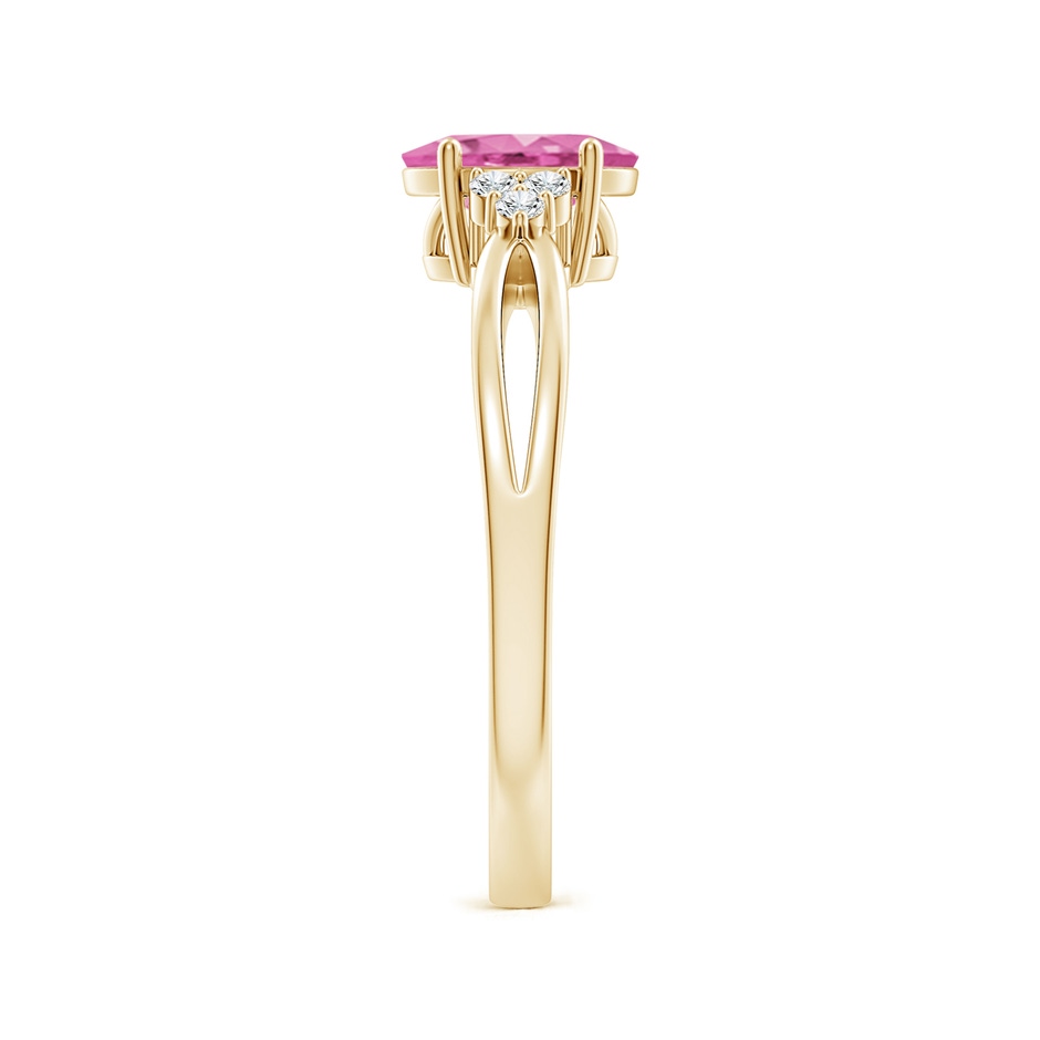 7x5mm AA Oval Pink Sapphire Split Shank Ring with Trio Diamonds in Yellow Gold side-2