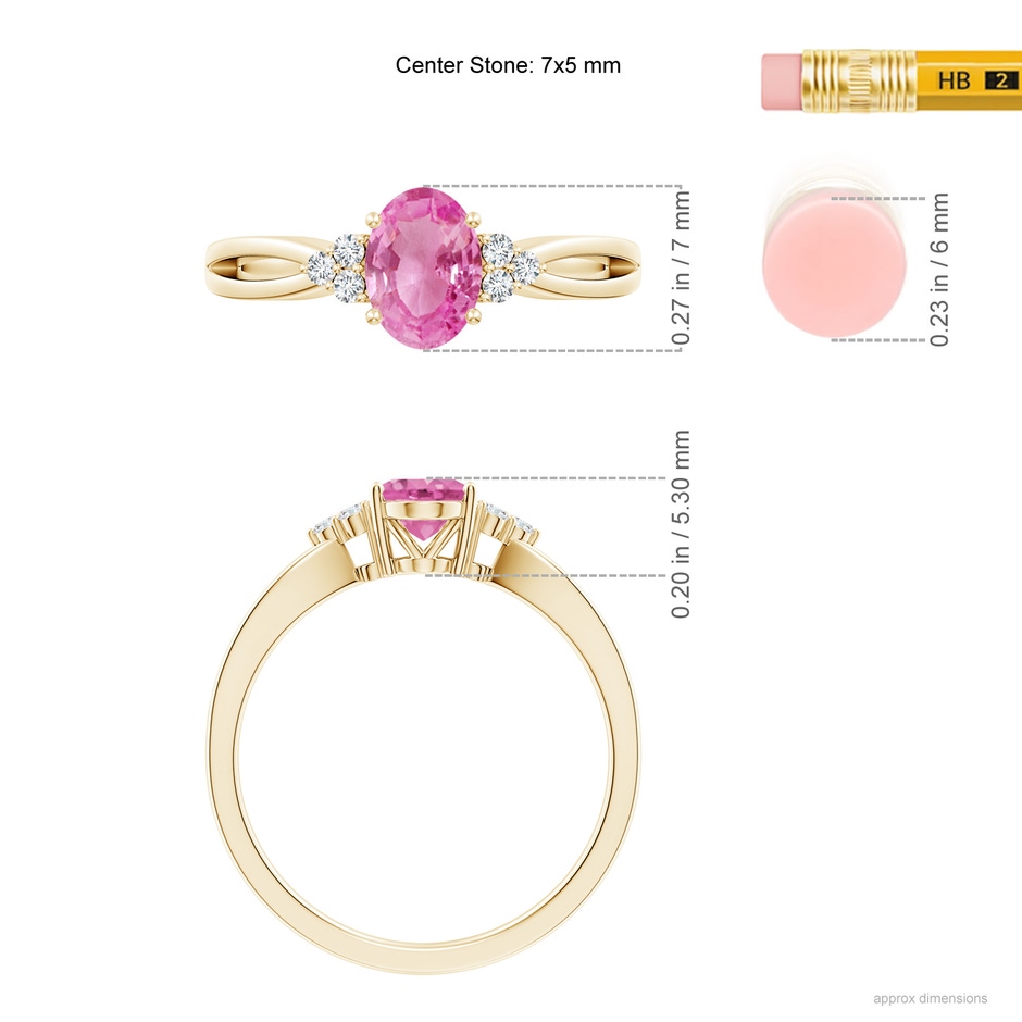 7x5mm AA Oval Pink Sapphire Split Shank Ring with Trio Diamonds in Yellow Gold ruler
