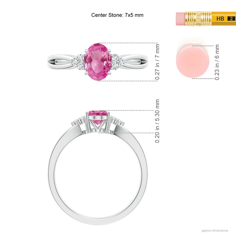 7x5mm AAA Oval Pink Sapphire Split Shank Ring with Trio Diamonds in P950 Platinum ruler