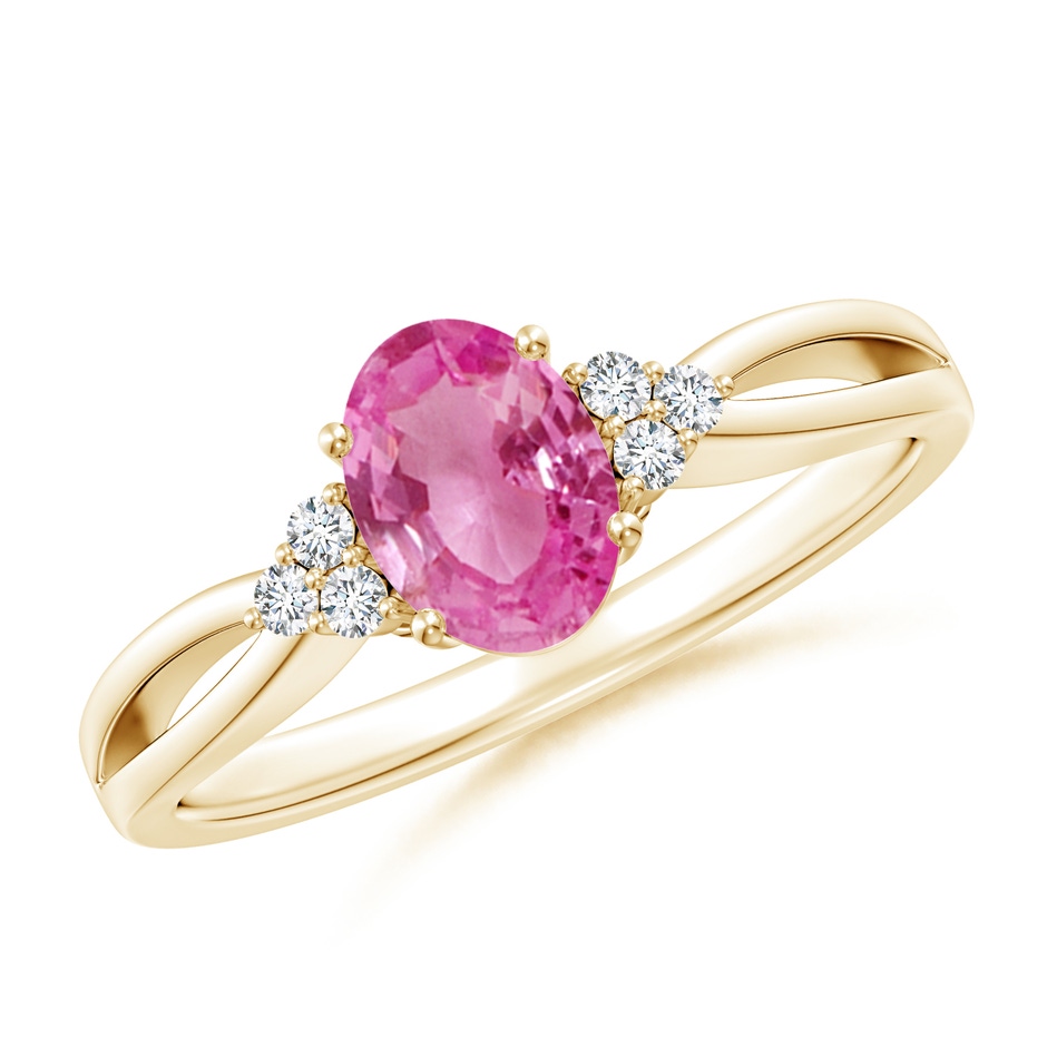 7x5mm AAA Oval Pink Sapphire Split Shank Ring with Trio Diamonds in Yellow Gold 