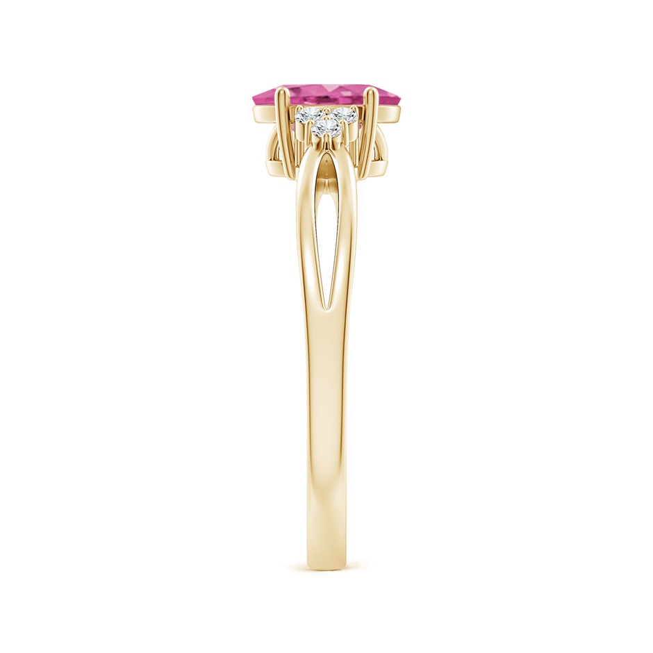 7x5mm AAA Oval Pink Sapphire Split Shank Ring with Trio Diamonds in Yellow Gold side-2