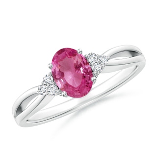 7x5mm AAAA Oval Pink Sapphire Split Shank Ring with Trio Diamonds in P950 Platinum