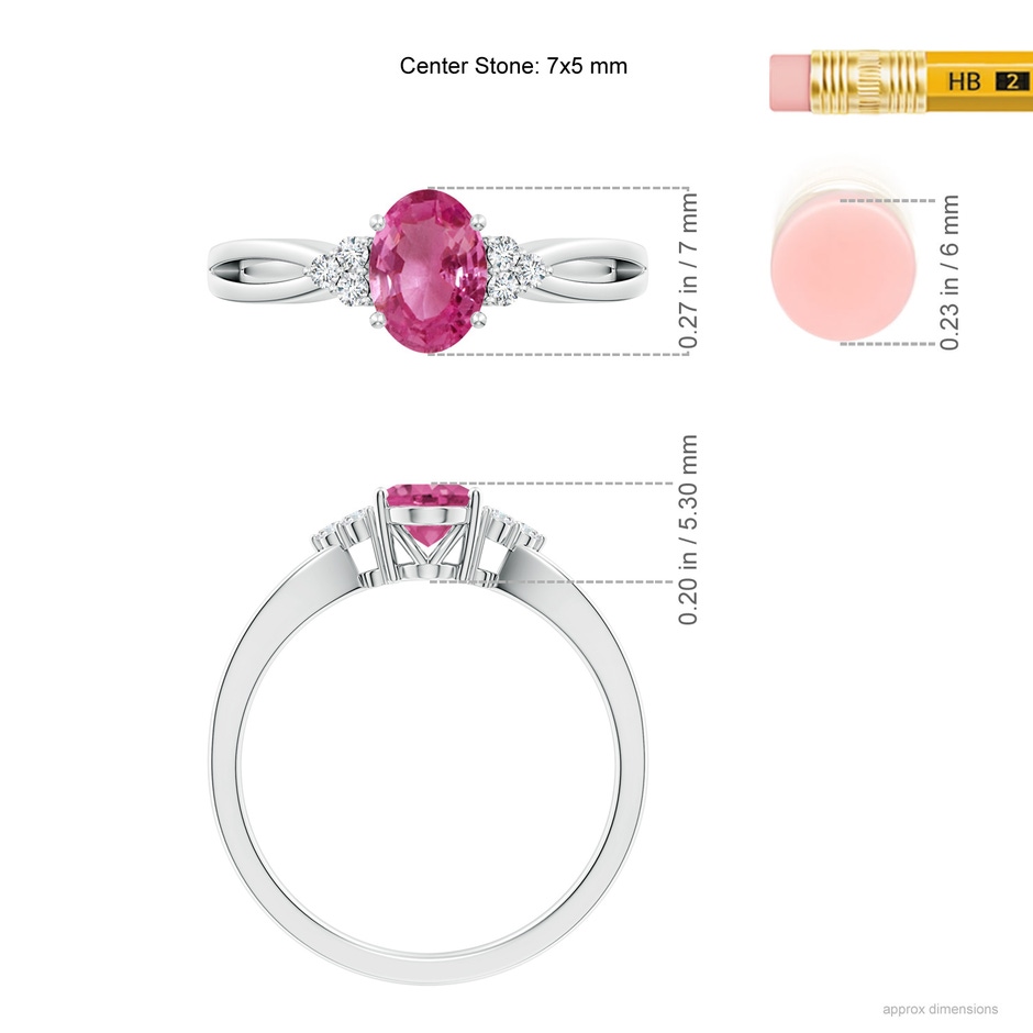 7x5mm AAAA Oval Pink Sapphire Split Shank Ring with Trio Diamonds in P950 Platinum ruler