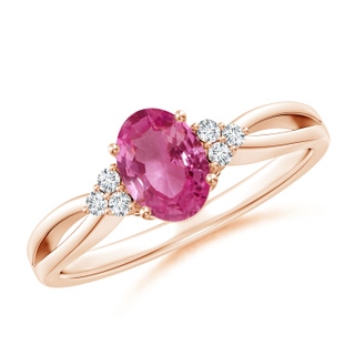 7x5mm AAAA Oval Pink Sapphire Split Shank Ring with Trio Diamonds in Rose Gold