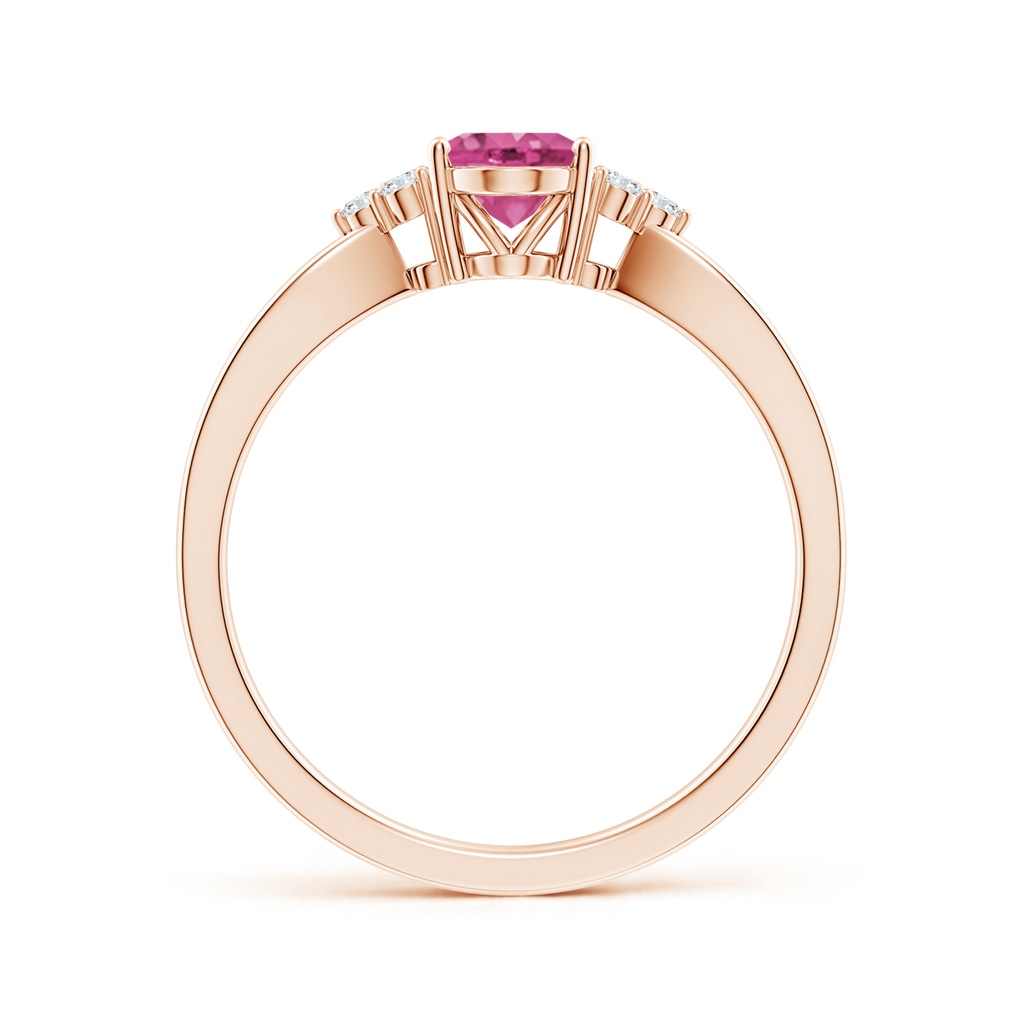 7x5mm AAAA Oval Pink Sapphire Split Shank Ring with Trio Diamonds in Rose Gold Side-1