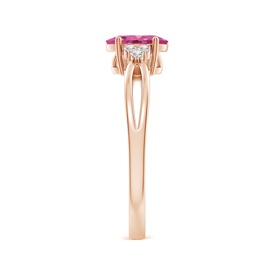 7x5mm AAAA Oval Pink Sapphire Split Shank Ring with Trio Diamonds in Rose Gold side-2