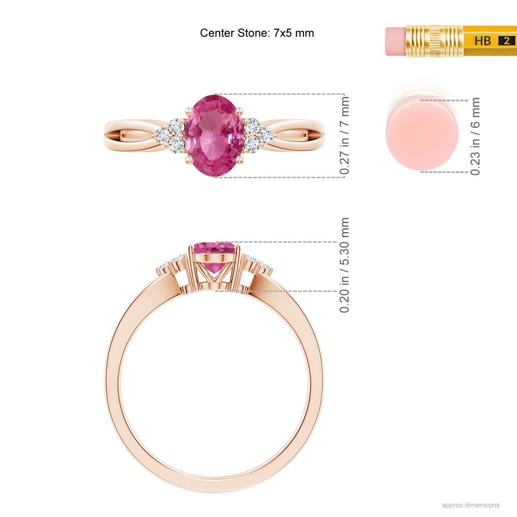 7x5mm AAAA Oval Pink Sapphire Split Shank Ring with Trio Diamonds in Rose Gold Ruler