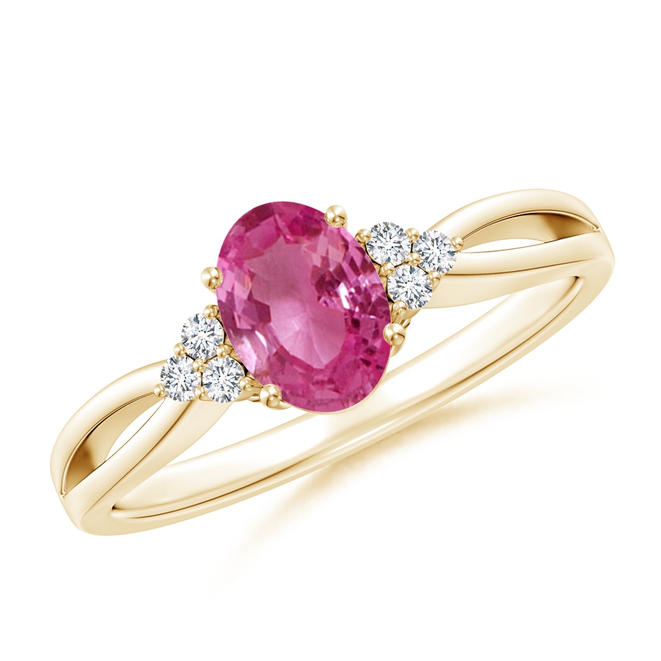 7x5mm AAAA Oval Pink Sapphire Split Shank Ring with Trio Diamonds in Yellow Gold 