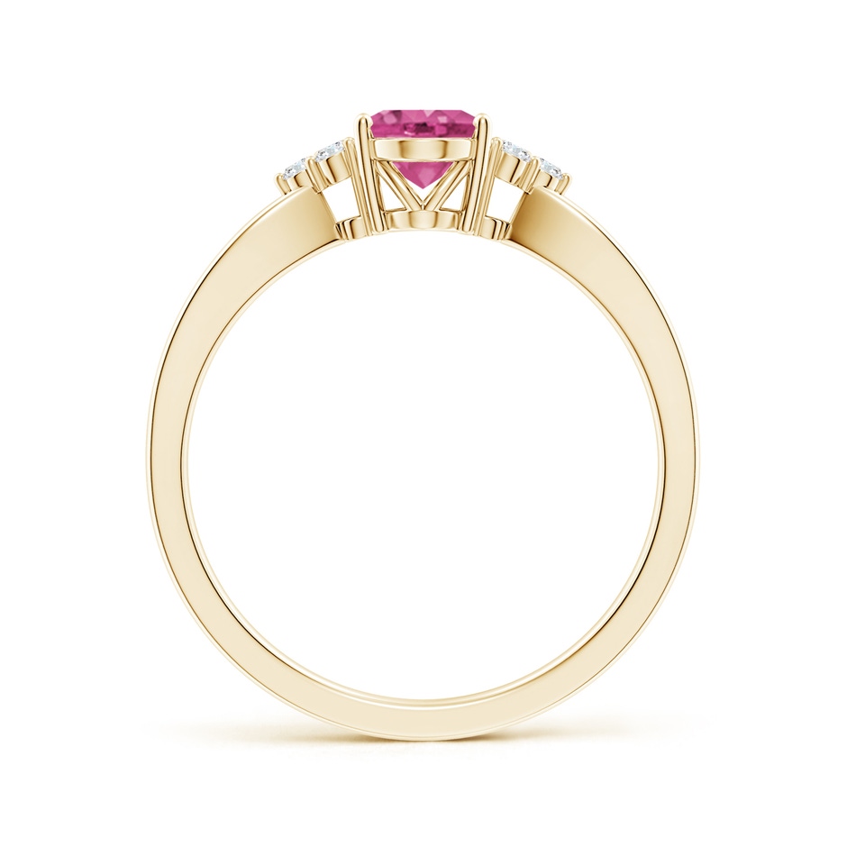 7x5mm AAAA Oval Pink Sapphire Split Shank Ring with Trio Diamonds in Yellow Gold side-1