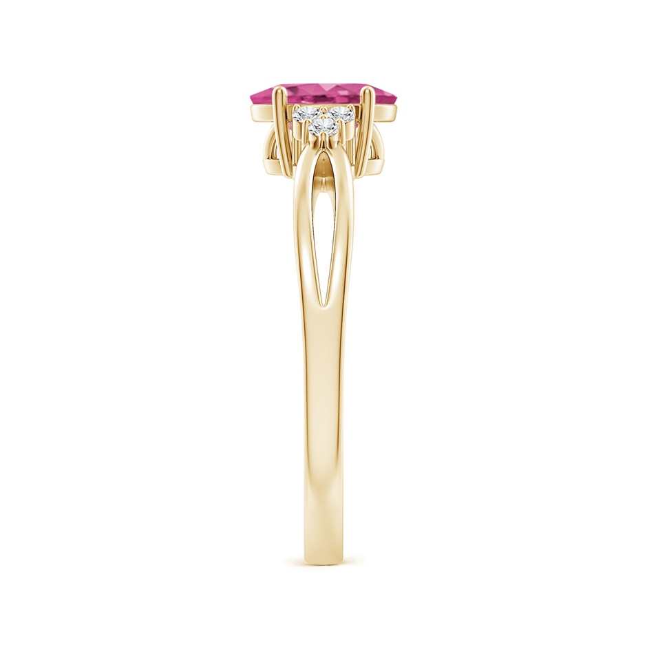 7x5mm AAAA Oval Pink Sapphire Split Shank Ring with Trio Diamonds in Yellow Gold side-2