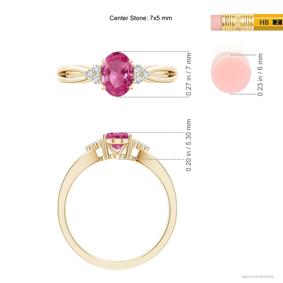 7x5mm AAAA Oval Pink Sapphire Split Shank Ring with Trio Diamonds in Yellow Gold ruler