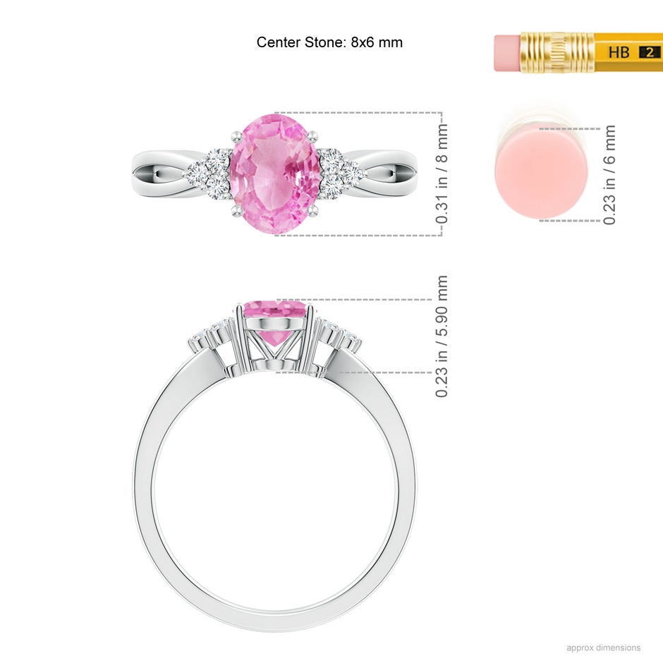 8x6mm A Oval Pink Sapphire Split Shank Ring with Trio Diamonds in P950 Platinum ruler