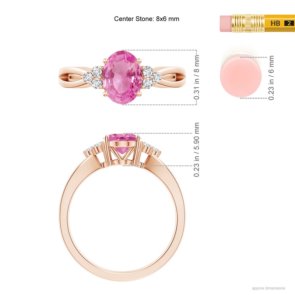 8x6mm AA Oval Pink Sapphire Split Shank Ring with Trio Diamonds in Rose Gold ruler