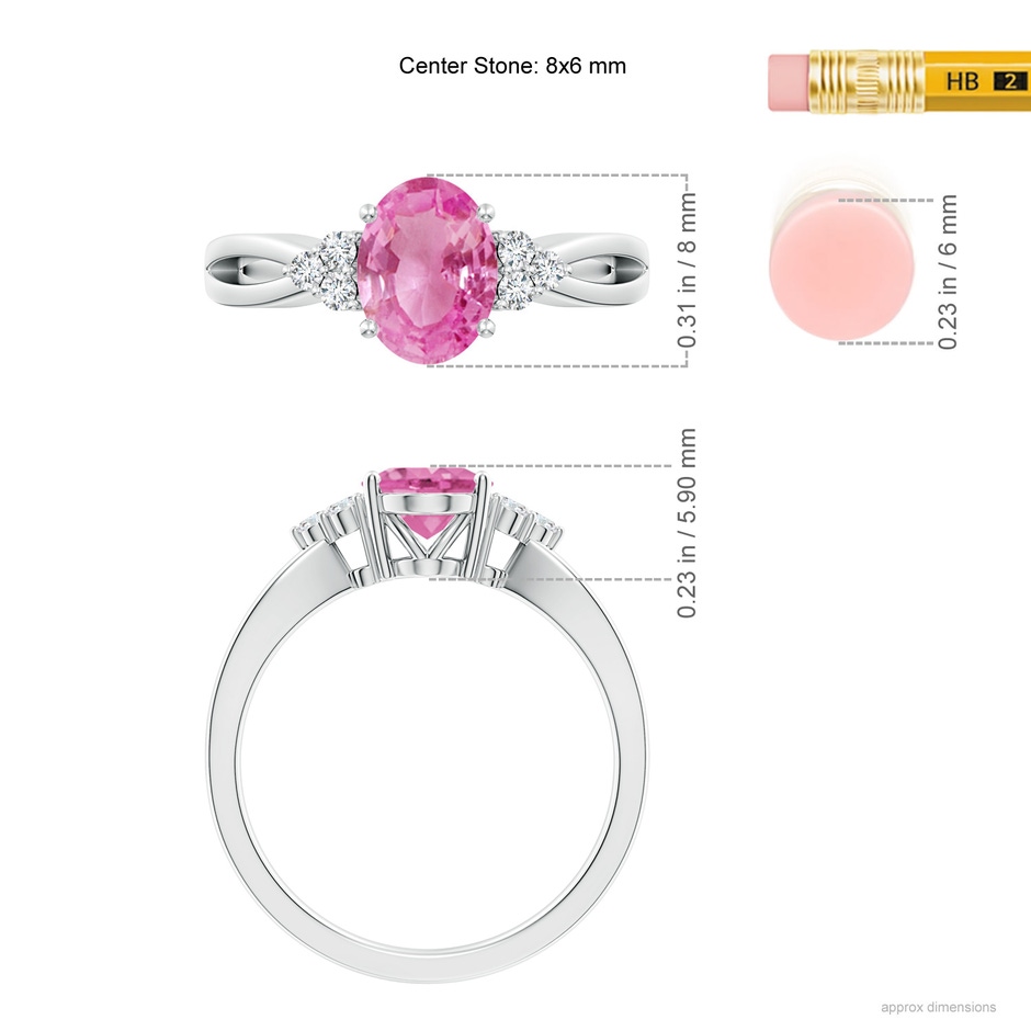 8x6mm AA Oval Pink Sapphire Split Shank Ring with Trio Diamonds in White Gold ruler