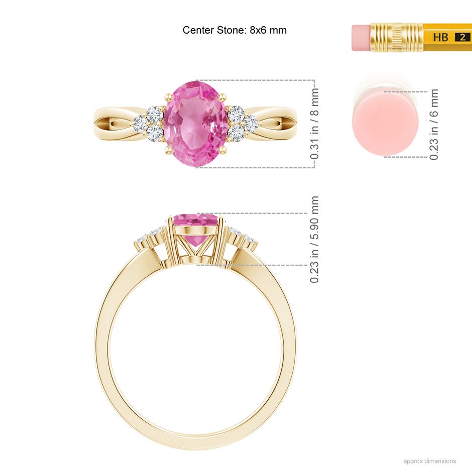 8x6mm AA Oval Pink Sapphire Split Shank Ring with Trio Diamonds in Yellow Gold ruler