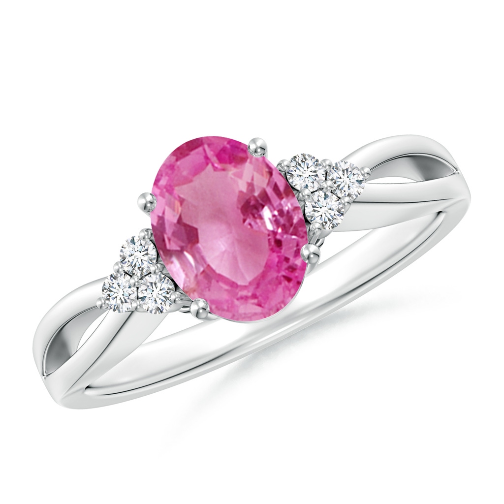 8x6mm AAA Oval Pink Sapphire Split Shank Ring with Trio Diamonds in White Gold