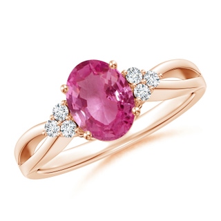 8x6mm AAAA Oval Pink Sapphire Split Shank Ring with Trio Diamonds in 10K Rose Gold