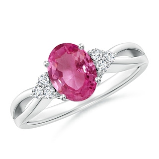 8x6mm AAAA Oval Pink Sapphire Split Shank Ring with Trio Diamonds in P950 Platinum
