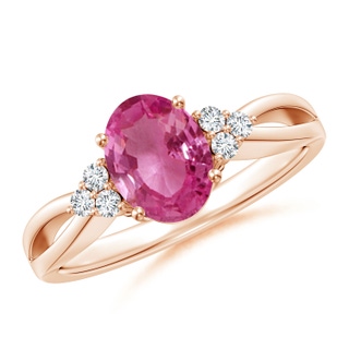 8x6mm AAAA Oval Pink Sapphire Split Shank Ring with Trio Diamonds in Rose Gold
