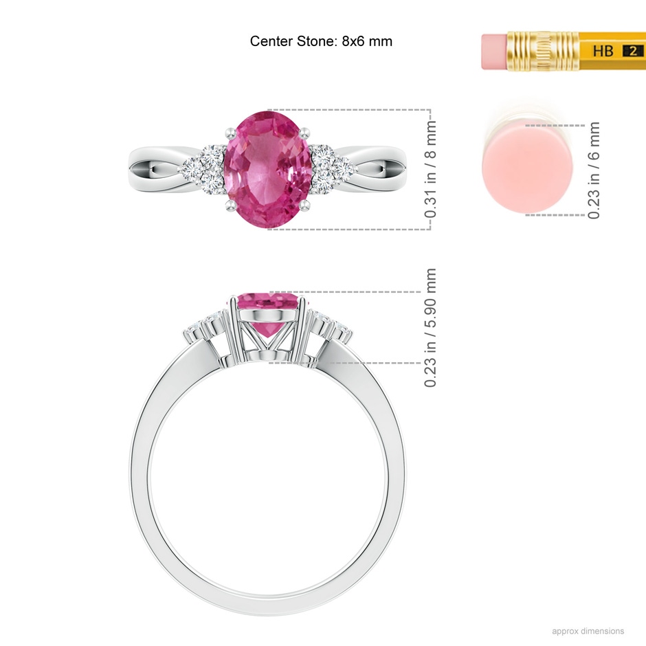 8x6mm AAAA Oval Pink Sapphire Split Shank Ring with Trio Diamonds in White Gold ruler