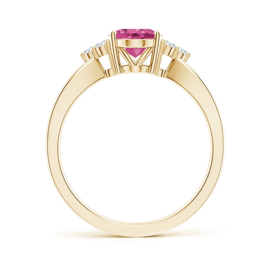 8x6mm AAAA Oval Pink Sapphire Split Shank Ring with Trio Diamonds in Yellow Gold side-1