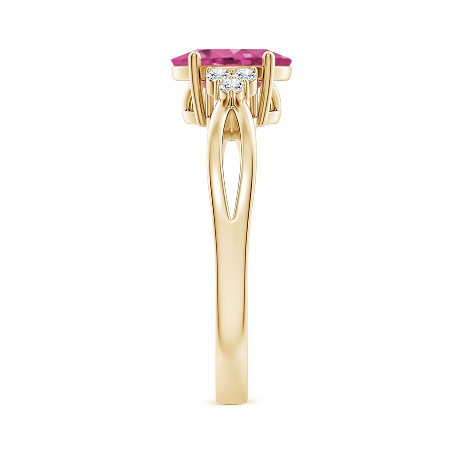 8x6mm AAAA Oval Pink Sapphire Split Shank Ring with Trio Diamonds in Yellow Gold side-2