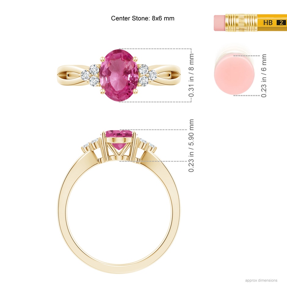 8x6mm AAAA Oval Pink Sapphire Split Shank Ring with Trio Diamonds in Yellow Gold ruler