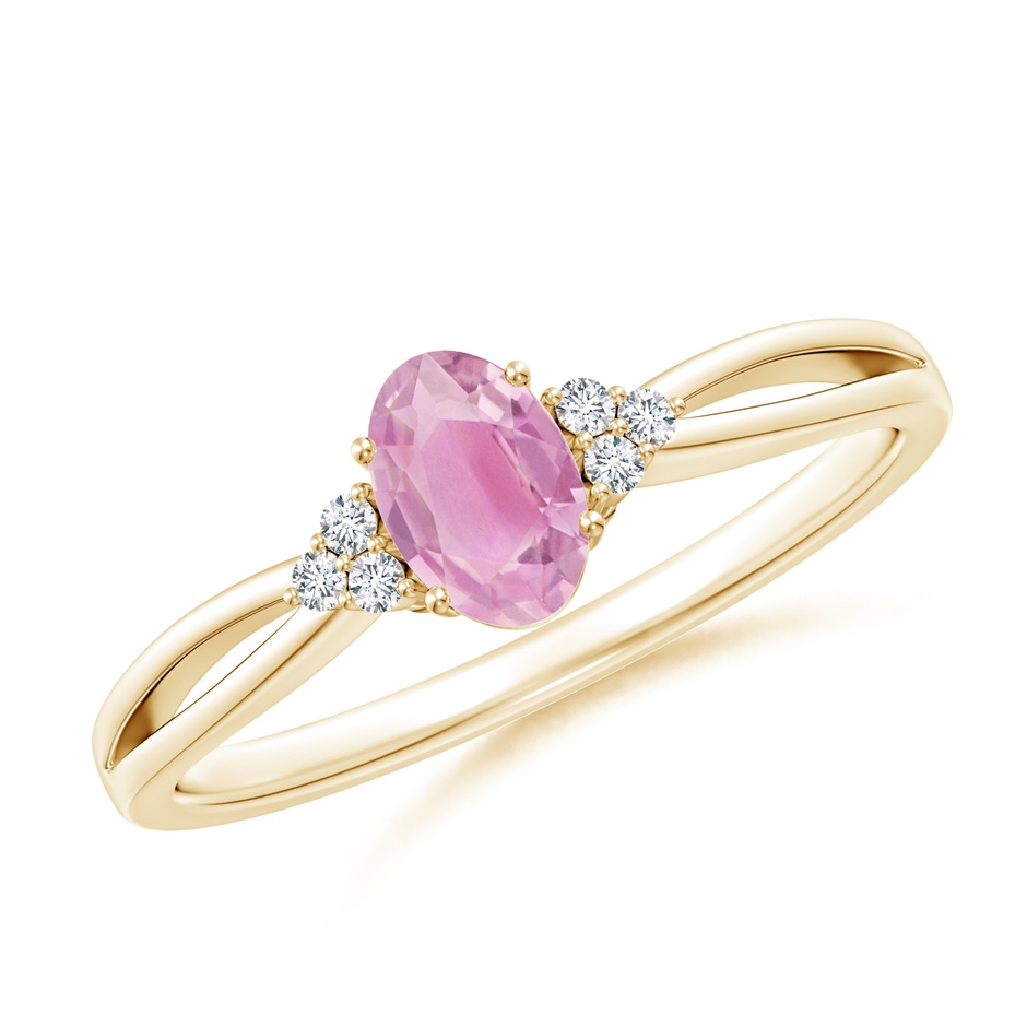 6x4mm A Oval Pink Tourmaline Split Shank Ring with Trio Diamonds in 10K Yellow Gold 