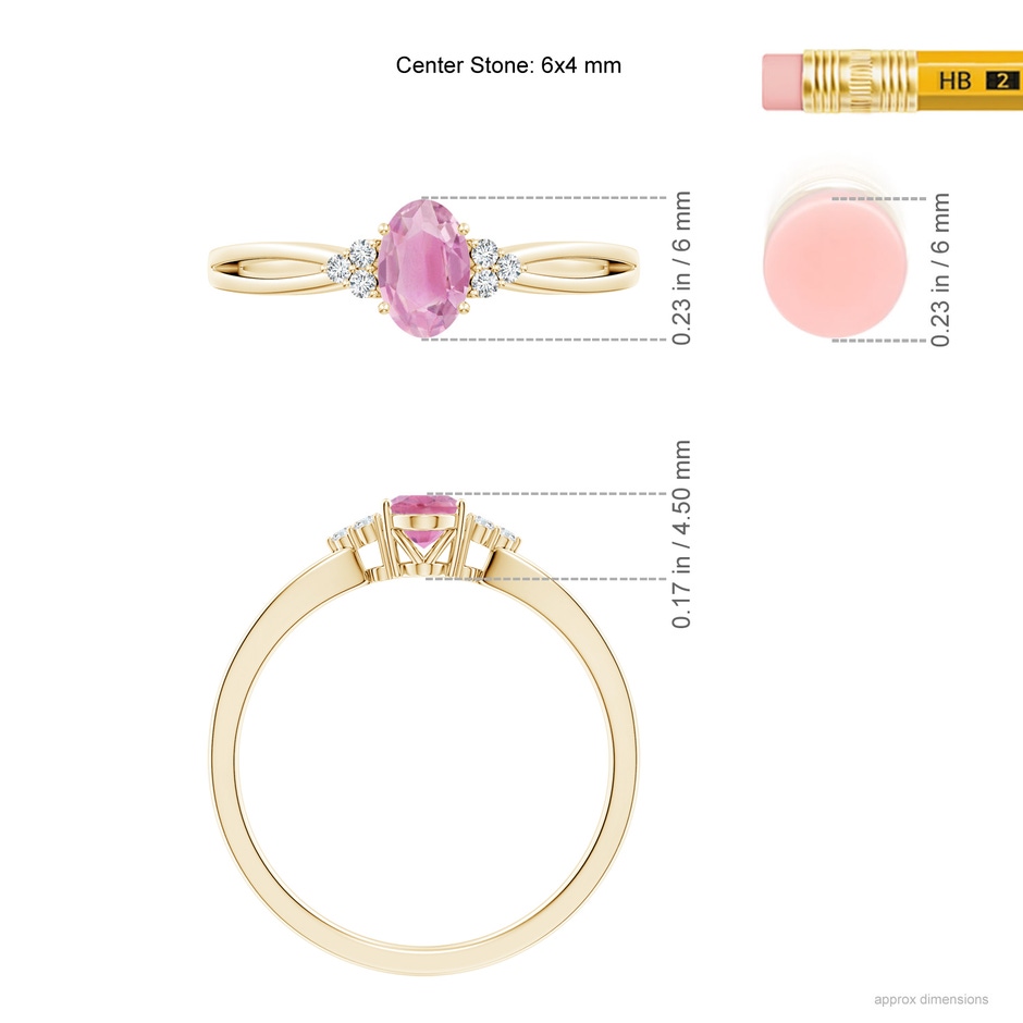 6x4mm A Oval Pink Tourmaline Split Shank Ring with Trio Diamonds in 10K Yellow Gold ruler