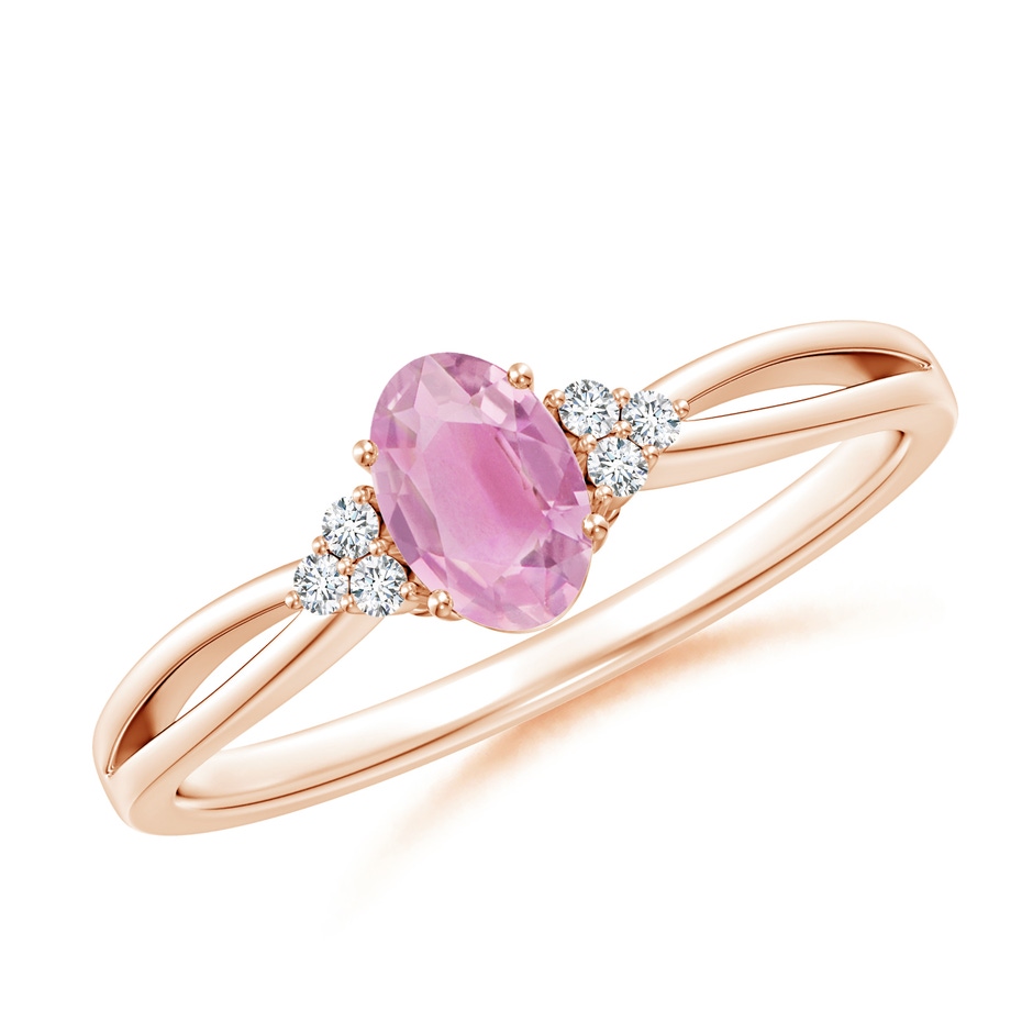 6x4mm A Oval Pink Tourmaline Split Shank Ring with Trio Diamonds in 9K Rose Gold 