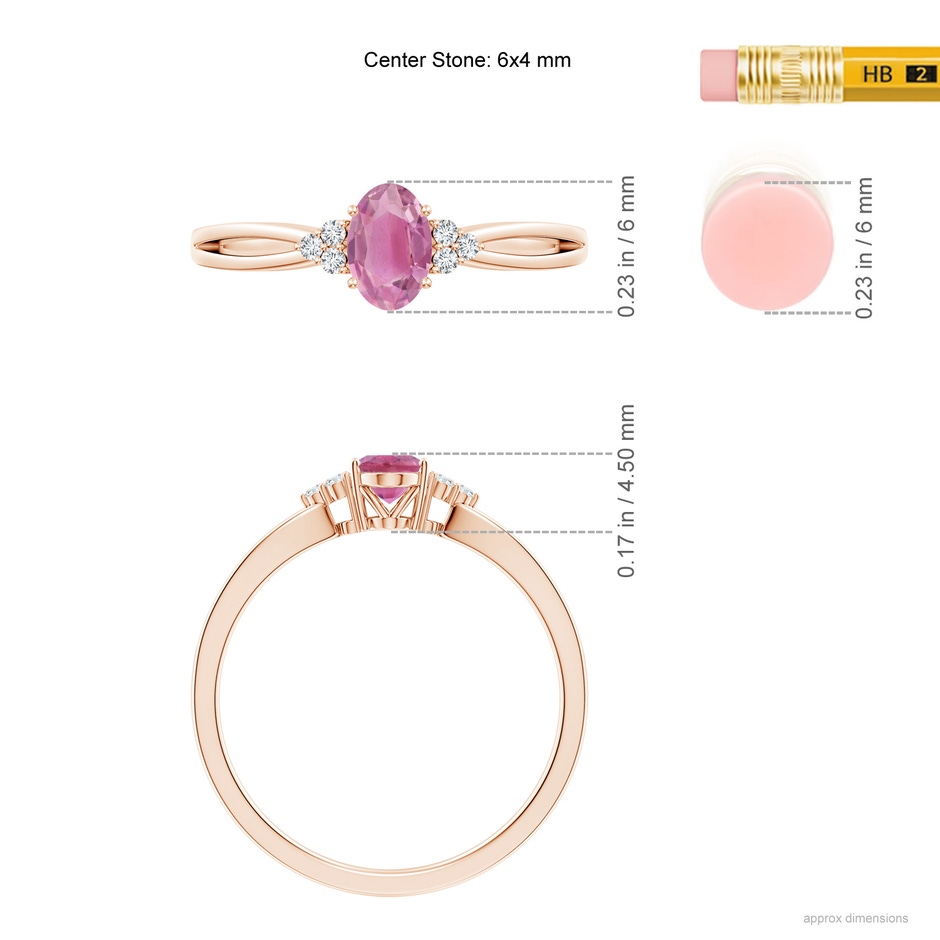 6x4mm AA Oval Pink Tourmaline Split Shank Ring with Trio Diamonds in Rose Gold ruler