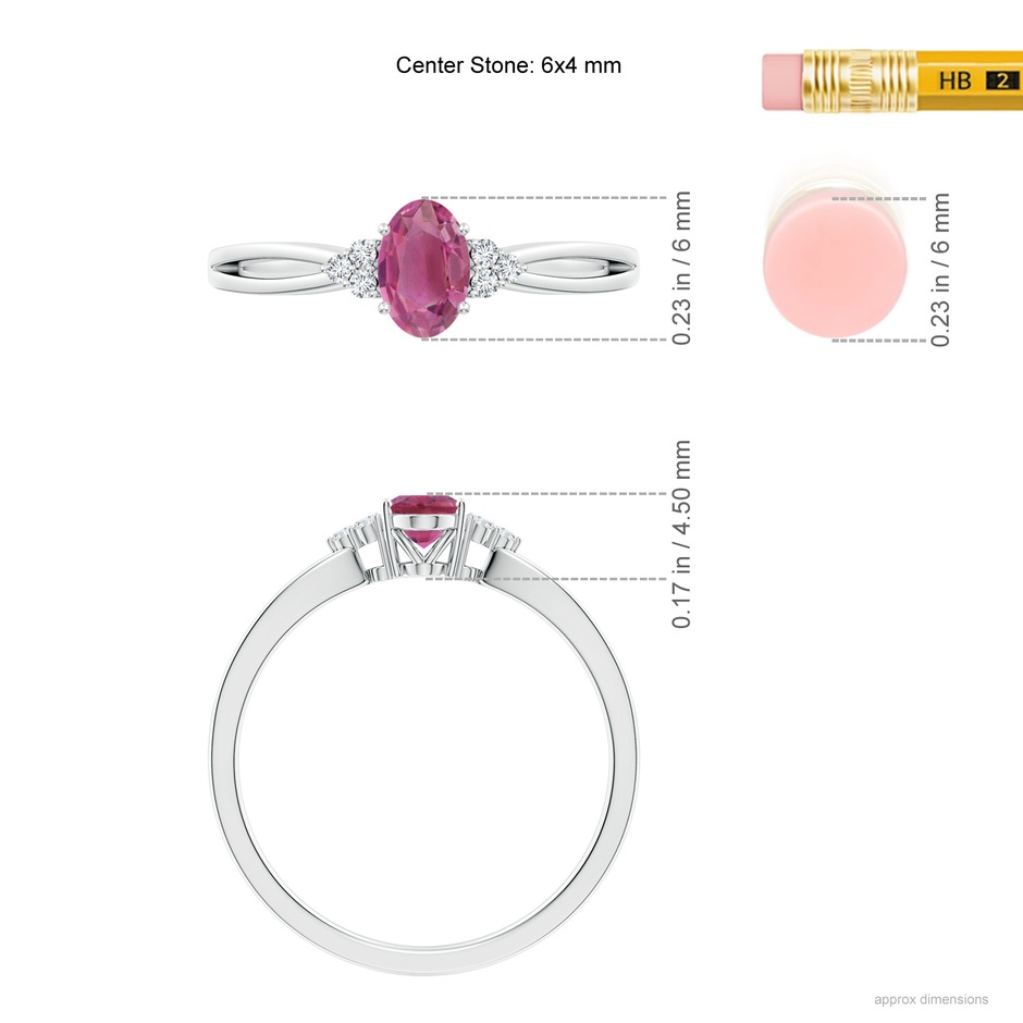 6x4mm AAA Oval Pink Tourmaline Split Shank Ring with Trio Diamonds in White Gold ruler