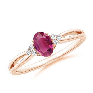 6x4mm AAAA Oval Pink Tourmaline Split Shank Ring with Trio Diamonds in 9K Rose Gold