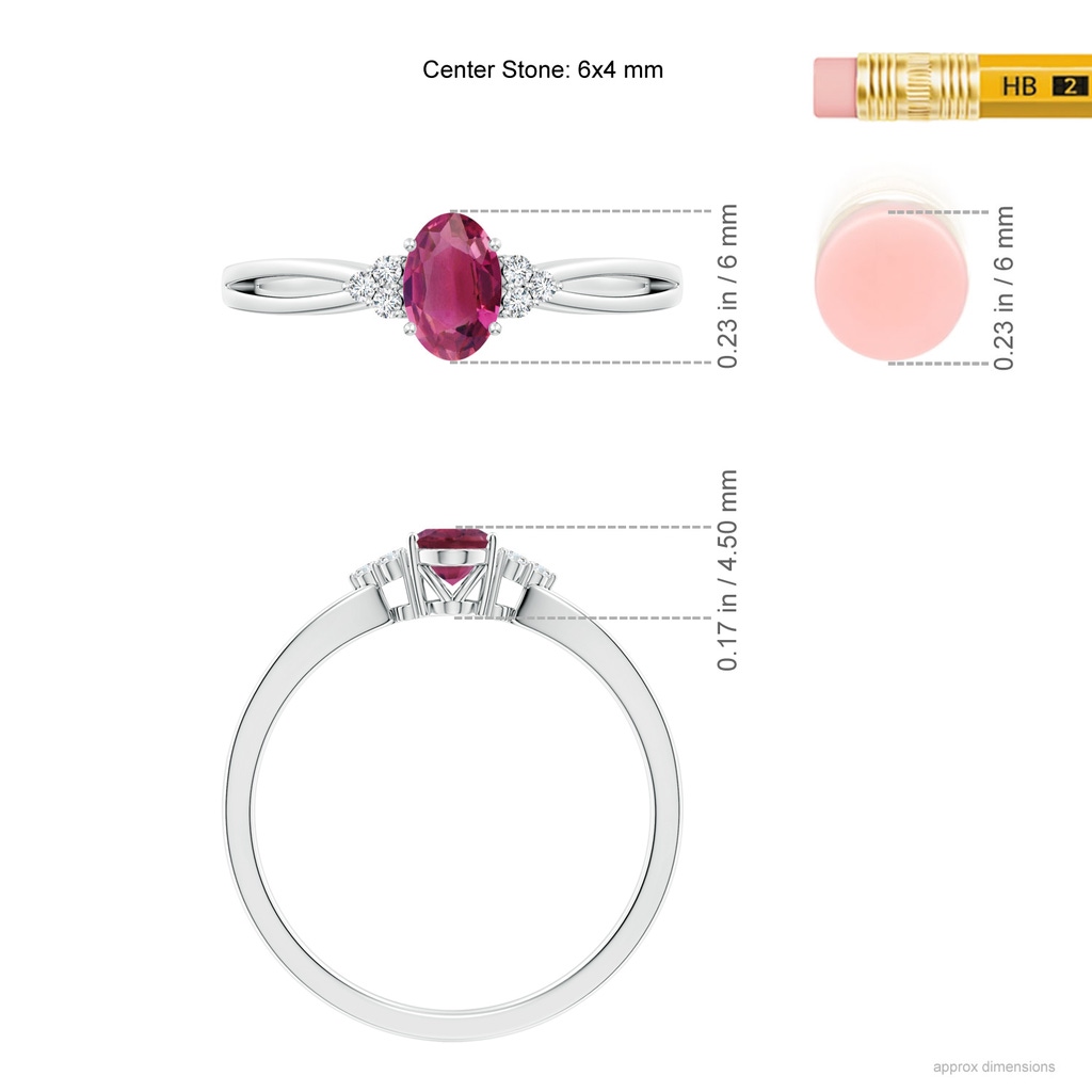 6x4mm AAAA Oval Pink Tourmaline Split Shank Ring with Trio Diamonds in P950 Platinum ruler