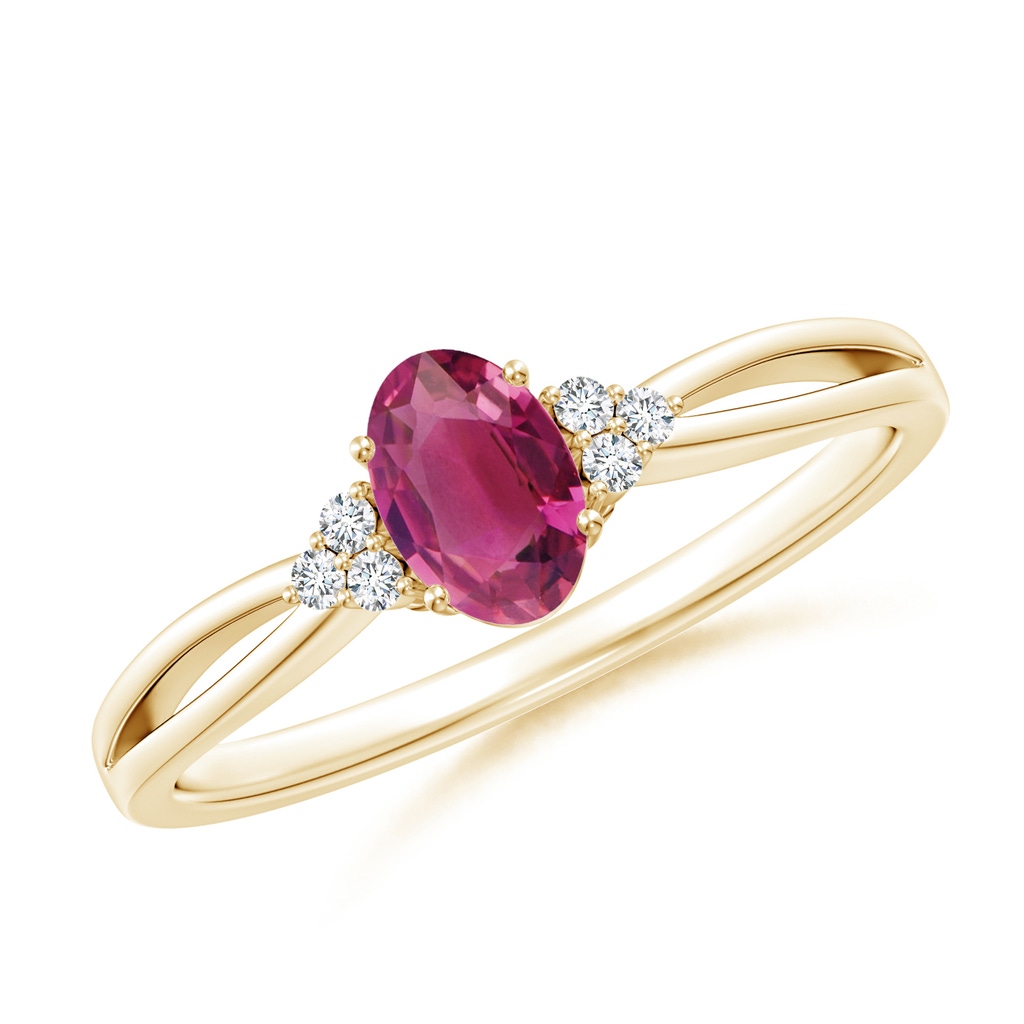 6x4mm AAAA Oval Pink Tourmaline Split Shank Ring with Trio Diamonds in Yellow Gold