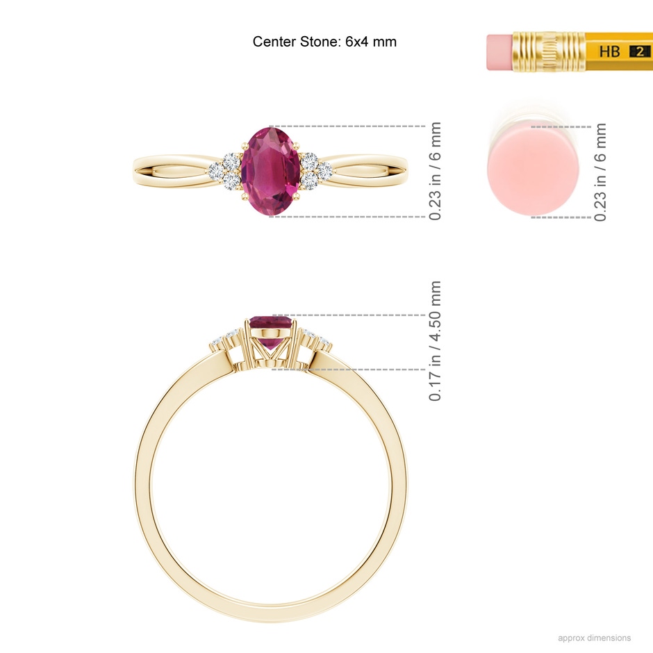 6x4mm AAAA Oval Pink Tourmaline Split Shank Ring with Trio Diamonds in Yellow Gold ruler