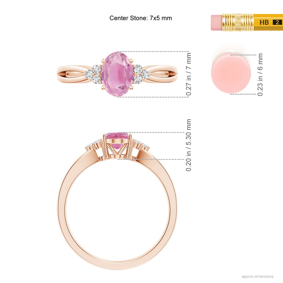 7x5mm A Oval Pink Tourmaline Split Shank Ring with Trio Diamonds in Rose Gold ruler