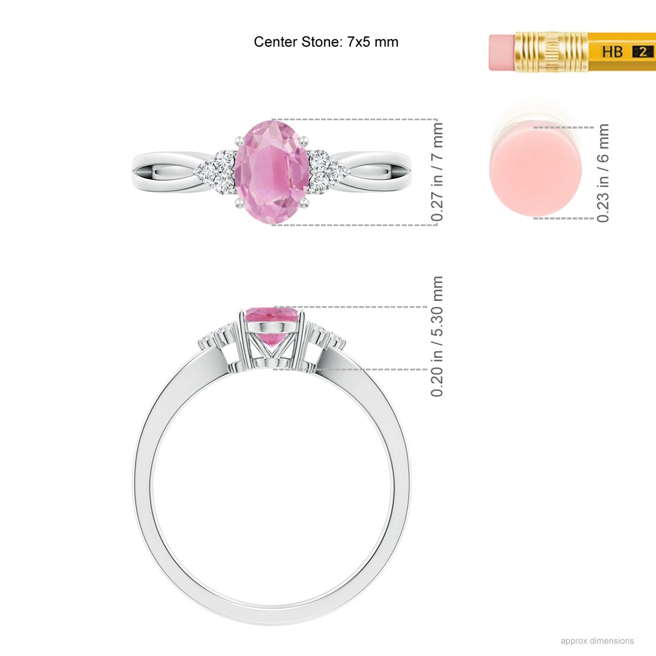 7x5mm A Oval Pink Tourmaline Split Shank Ring with Trio Diamonds in White Gold ruler