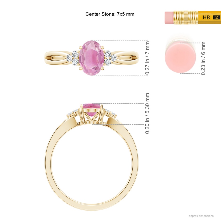 7x5mm A Oval Pink Tourmaline Split Shank Ring with Trio Diamonds in Yellow Gold ruler