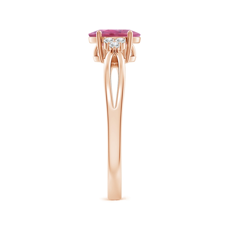 7x5mm AA Oval Pink Tourmaline Split Shank Ring with Trio Diamonds in Rose Gold side 299