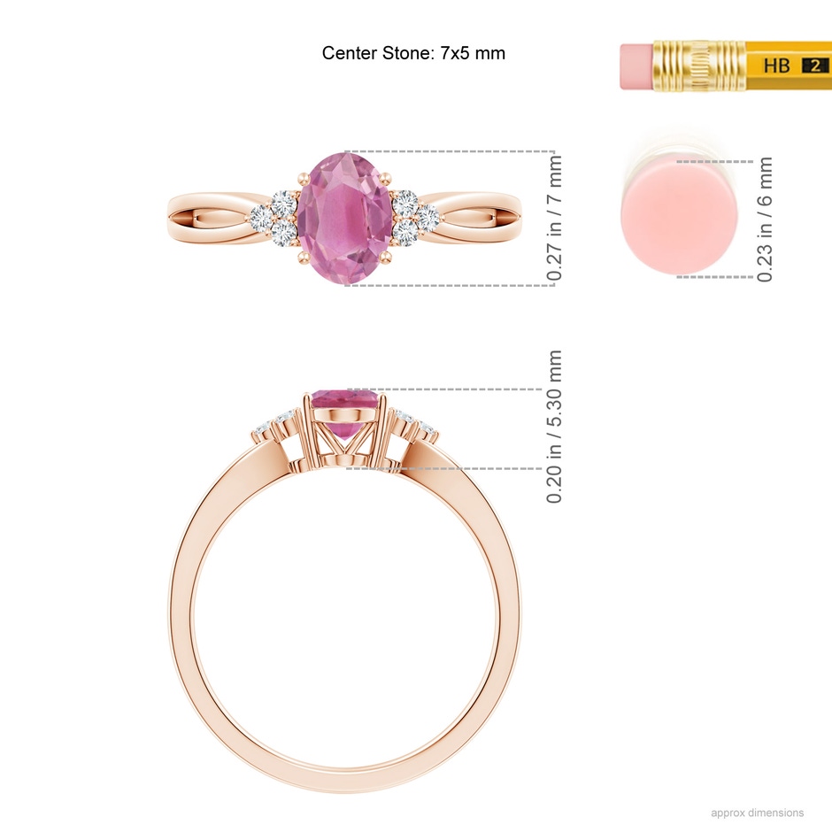 7x5mm AA Oval Pink Tourmaline Split Shank Ring with Trio Diamonds in Rose Gold ruler