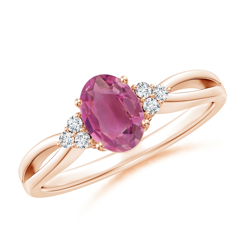 7x5mm AAA Oval Pink Tourmaline Split Shank Ring with Trio Diamonds in Rose Gold 