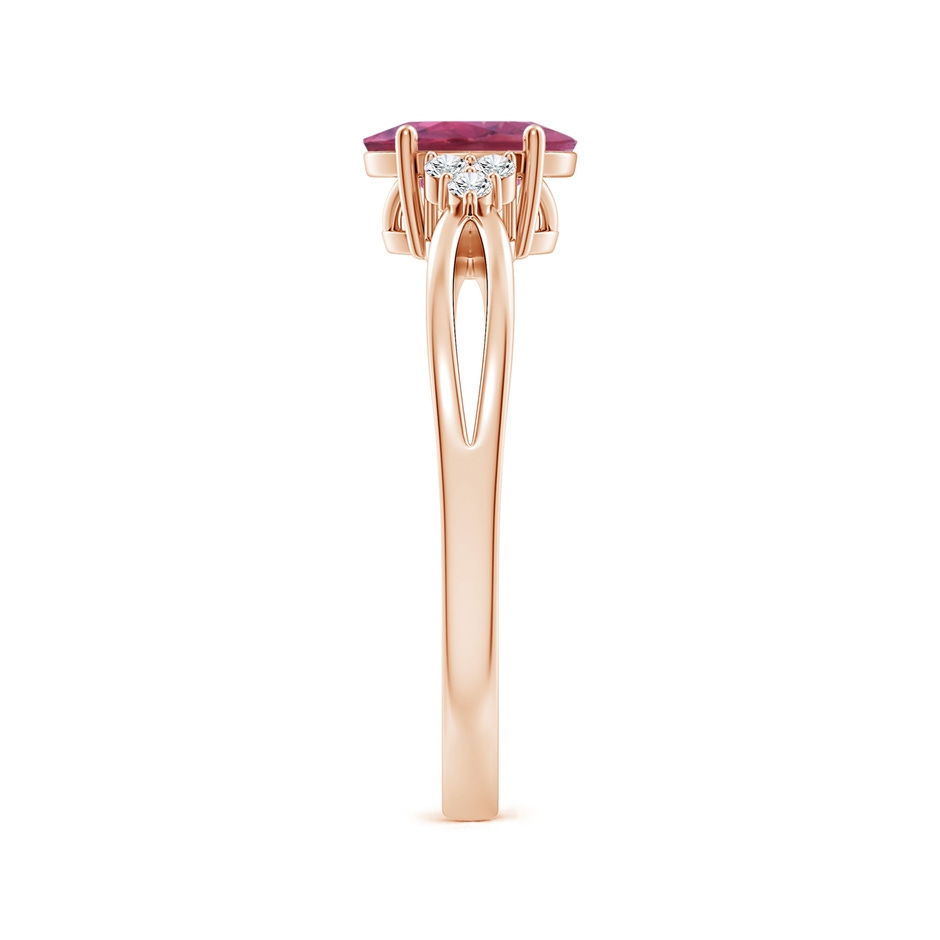 7x5mm AAA Oval Pink Tourmaline Split Shank Ring with Trio Diamonds in Rose Gold side 299