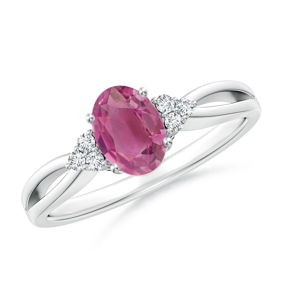 7x5mm AAA Oval Pink Tourmaline Split Shank Ring with Trio Diamonds in White Gold 
