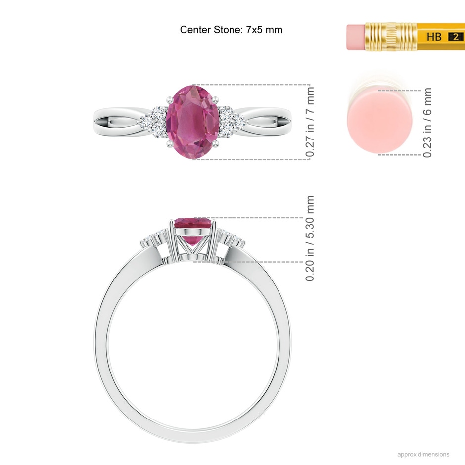 7x5mm AAA Oval Pink Tourmaline Split Shank Ring with Trio Diamonds in White Gold ruler