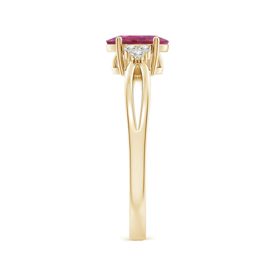 7x5mm AAA Oval Pink Tourmaline Split Shank Ring with Trio Diamonds in Yellow Gold side 299