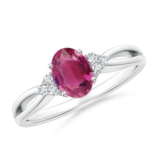 7x5mm AAAA Oval Pink Tourmaline Split Shank Ring with Trio Diamonds in P950 Platinum
